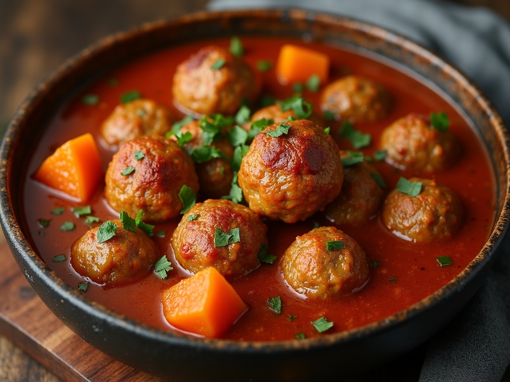 A close-up of a bowl filled with rich, dark brown Cajun meatball stew featuring large, tender meatballs simmered in thick gravy, garnished with chopped green onions, served alongside a scoop of white rice.