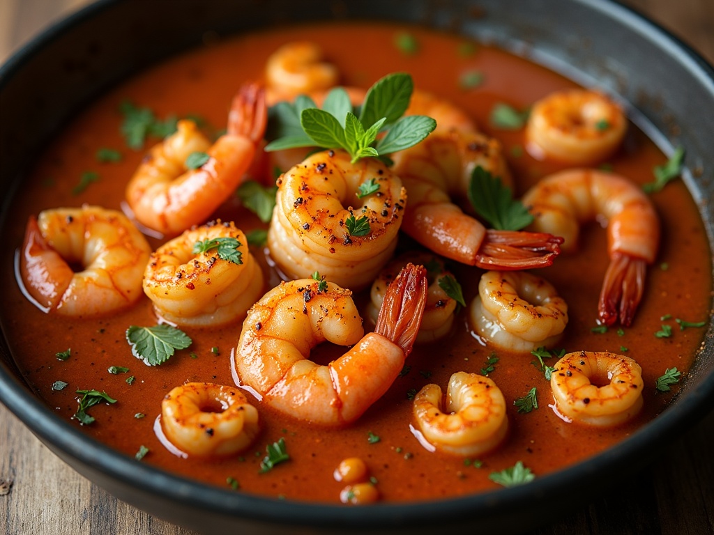 A hearty bowl of Cajun Ninja shrimp stew with plump shrimp, thick brown gravy, diced vegetables, and white rice served in the center, garnished with chopped green onions on top.