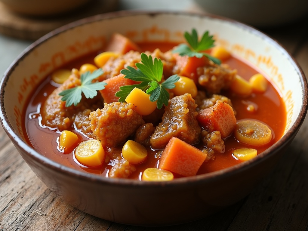 A hearty bowl of Caribbean stew featuring tender chunks of meat, vibrant vegetables like bell peppers and carrots, and rich, spicy broth, garnished with fresh herbs and served in a rustic ceramic bowl on a wooden table.