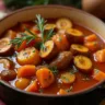 A hearty bowl of Christmas stew filled with chunks of tender meat, carrots, potatoes, and herbs, steaming hot and served in a rustic ceramic bowl on a festive table decorated with holly, pinecones, and twinkling lights.