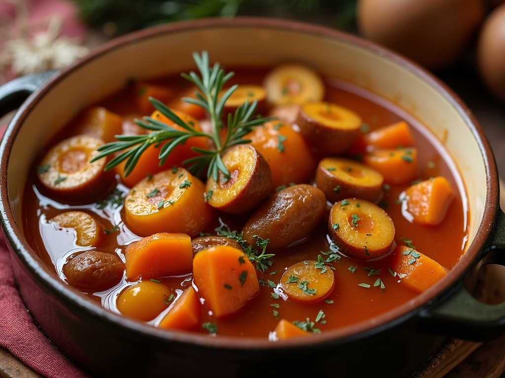 A hearty bowl of Christmas stew filled with chunks of tender meat, carrots, potatoes, and herbs, steaming hot and served in a rustic ceramic bowl on a festive table decorated with holly, pinecones, and twinkling lights.