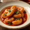 A pot filled with vibrant cioppino sauce simmering on the stove, featuring a rich red tomato base with visible chunks of garlic, onion, herbs, and seafood ingredients such as shrimp, mussels, and fish, with steam rising from the surface.