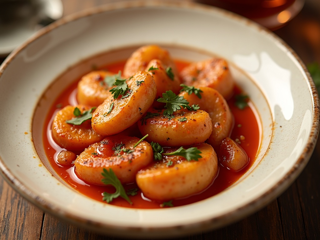A pot filled with vibrant cioppino sauce simmering on the stove, featuring a rich red tomato base with visible chunks of garlic, onion, herbs, and seafood ingredients such as shrimp, mussels, and fish, with steam rising from the surface.