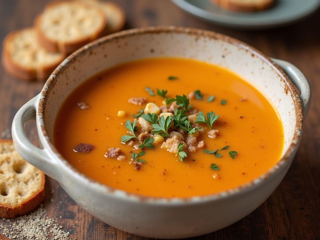 A bowl of hearty comfort soup filled with vegetables, noodles, and chunks of meat, garnished with herbs, sitting on a rustic wooden table with a spoon and napkin beside it