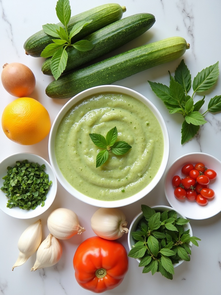 Flat lay of fresh cucumber gazpacho ingredients on a white surface, including chopped cucumber, avocado halves, garlic cloves, lemon, cilantro, green onion, Greek yogurt, olive oil, salt, and pepper arranged around a wooden cutting board.