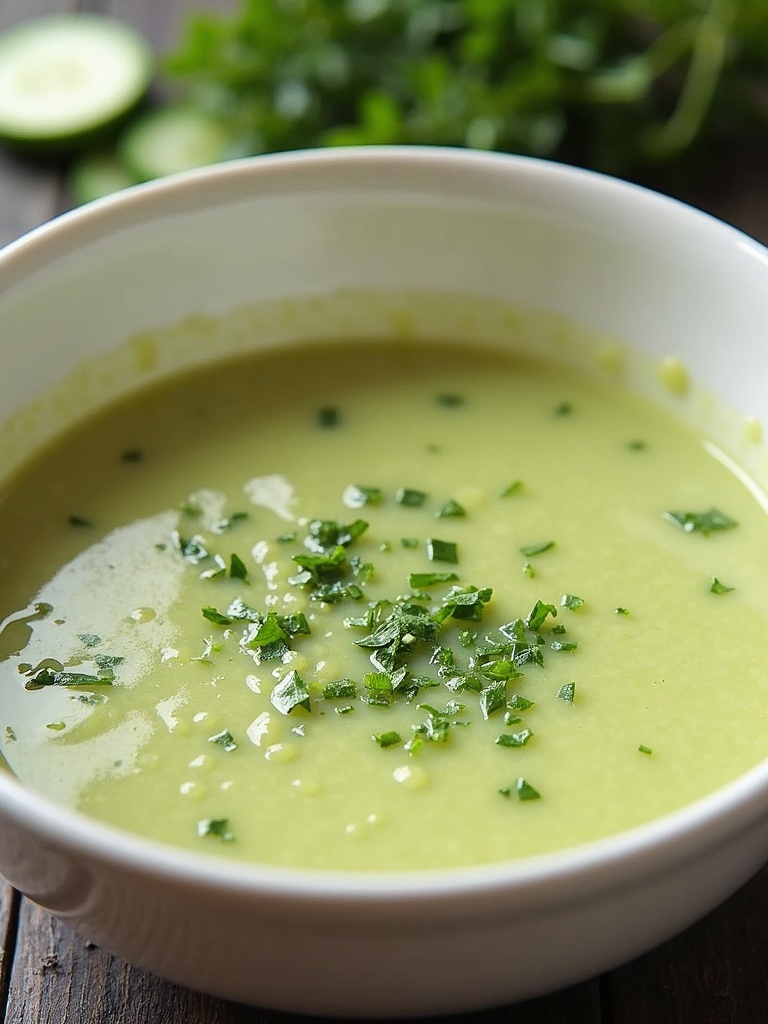 Top-down view of ingredients and steps to make cucumber gazpacho: chopped cucumbers, green peppers, garlic, yogurt, olive oil, vinegar, salt, and pepper arranged alongside a blender; step-by-step visuals show blending ingredients until smooth, chilling the soup, and serving it garnished with herbs in a bowl.