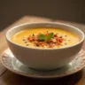 A steaming cup of instant soup sits on a wooden table, with a spoon next to it and a packet labeled "Cup a Soup" in the background. The soup appears hot and ready to eat, with steam rising gently from the surface.