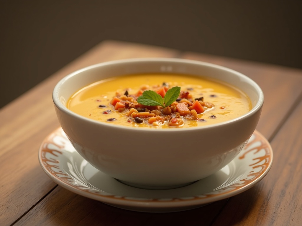 A steaming cup of instant soup sits on a wooden table, with a spoon next to it and a packet labeled "Cup a Soup" in the background. The soup appears hot and ready to eat, with steam rising gently from the surface.