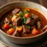 Hearty beef stew with tender chunks of beef, carrots, potatoes, and peas in a rich, savory brown gravy, served hot in a rustic bowl with a slice of crusty bread on the side.