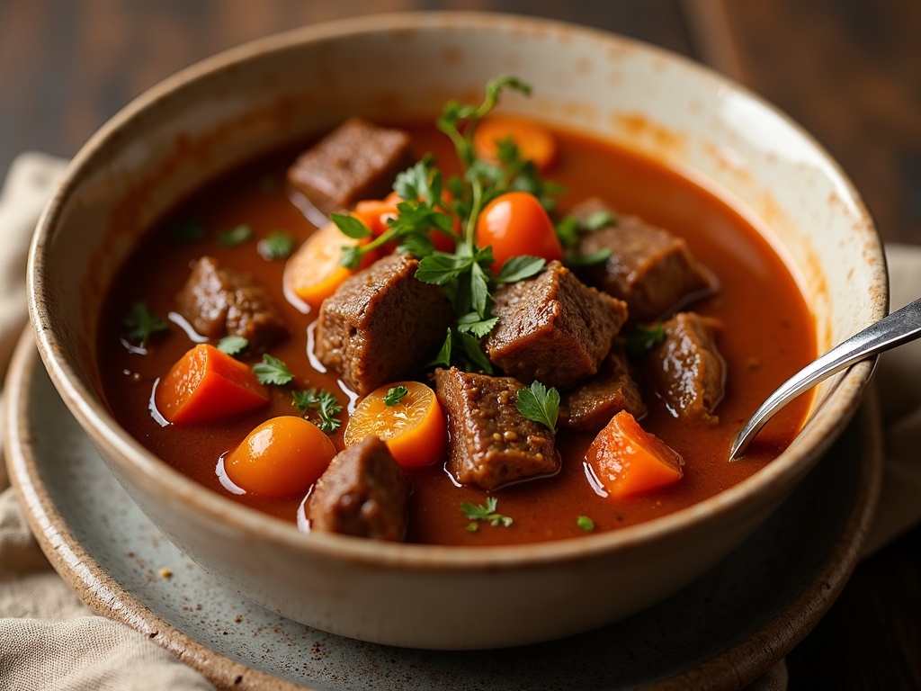 Hearty beef stew with tender chunks of beef, carrots, potatoes, and peas in a rich, savory brown gravy, served hot in a rustic bowl with a slice of crusty bread on the side.