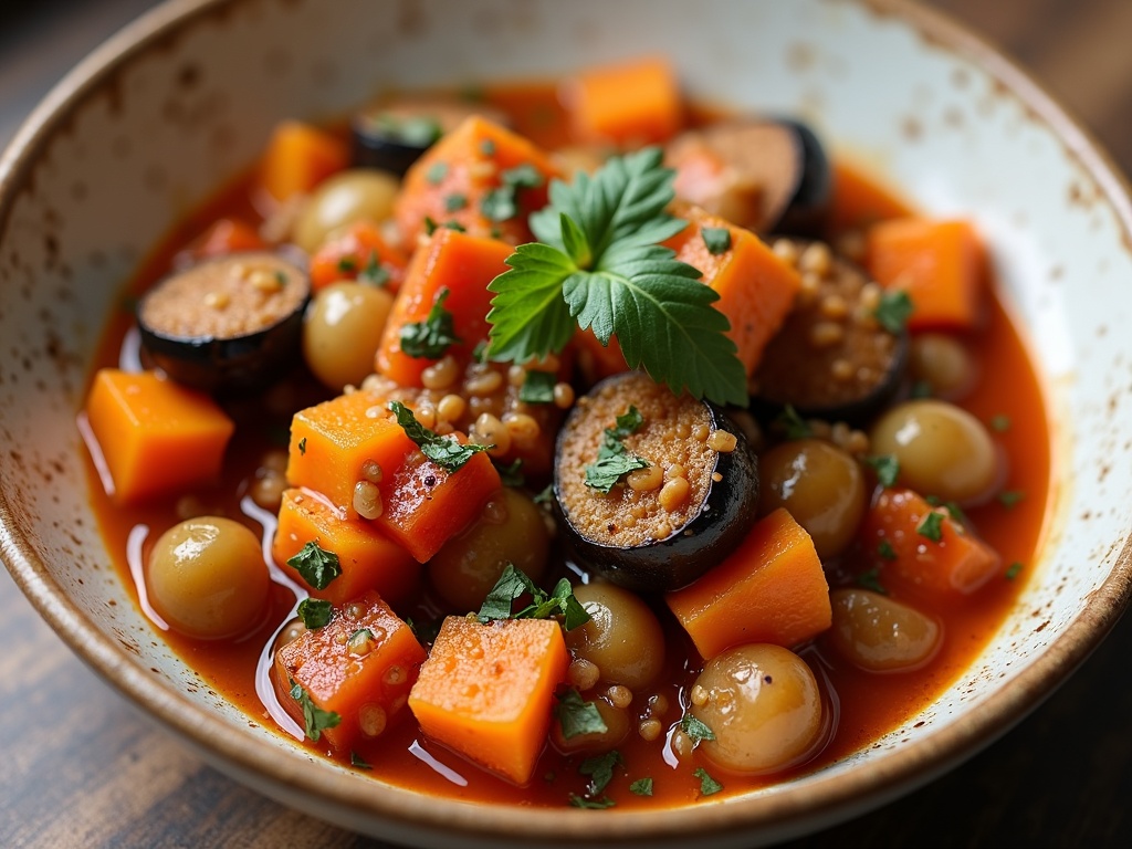 A bowl of hearty eggplant stew featuring tender chunks of eggplant, tomatoes, onions, and herbs, garnished with fresh parsley and served with a side of crusty bread on a rustic wooden table.