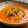A bowl of chilled gazpacho soup garnished with diced tomatoes, cucumbers, and fresh herbs, surrounded by fresh ingredients like bell peppers, tomatoes, garlic, and a bottle of olive oil on a rustic wooden table.