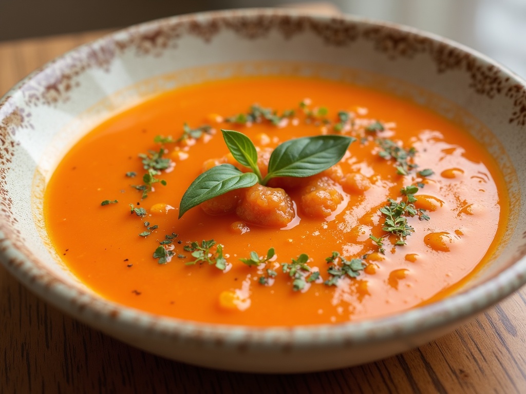 A bowl of chilled gazpacho soup garnished with diced tomatoes, cucumbers, and fresh herbs, surrounded by fresh ingredients like bell peppers, tomatoes, garlic, and a bottle of olive oil on a rustic wooden table.