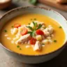 A bowl of homemade chicken and rice soup filled with tender chicken pieces, white rice, chopped carrots, celery, and parsley in a clear, golden broth, served hot with a spoon on the side.