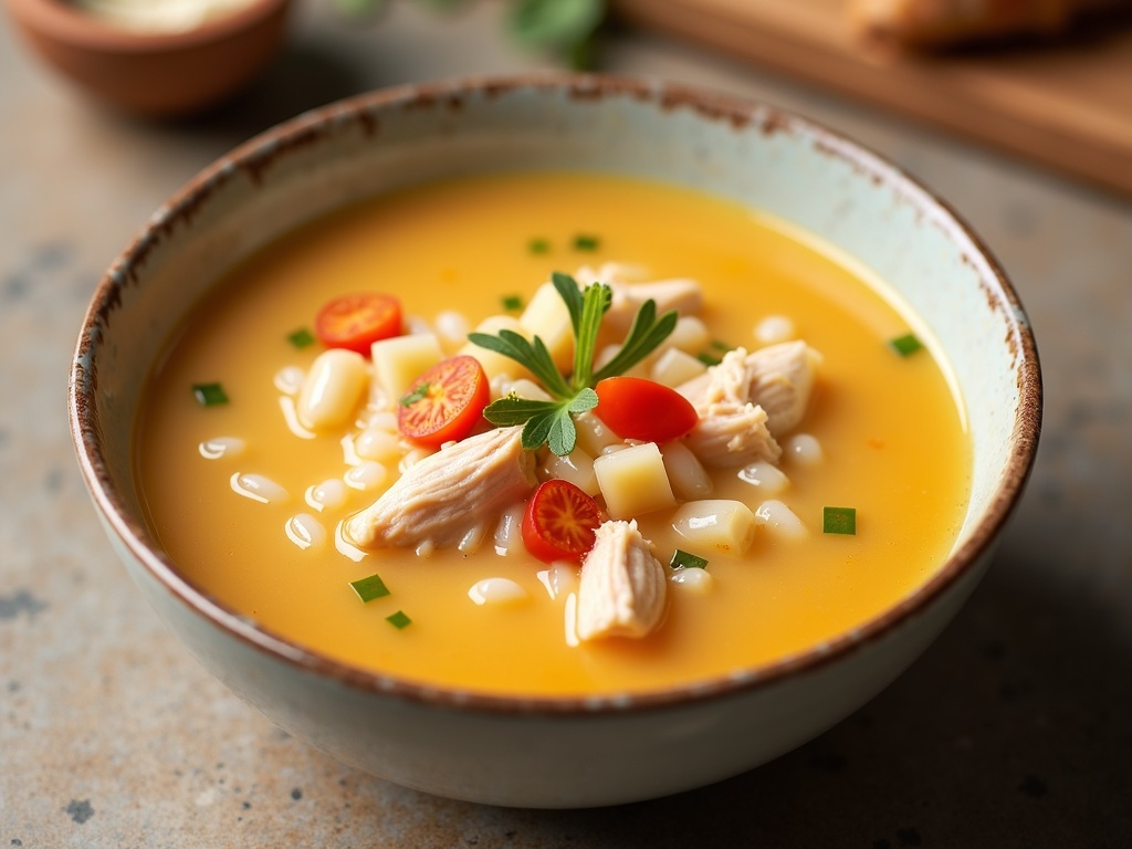 A bowl of homemade chicken and rice soup filled with tender chicken pieces, white rice, chopped carrots, celery, and parsley in a clear, golden broth, served hot with a spoon on the side.
