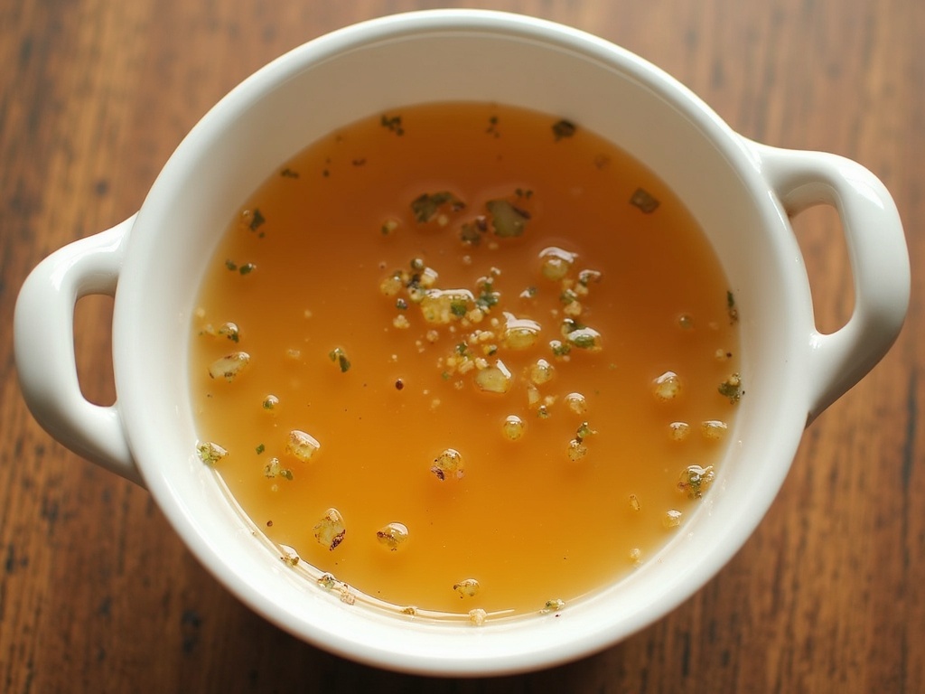 A steaming pot of homemade chicken broth filled with chicken pieces, carrots, celery, onions, and herbs like parsley and thyme simmering on a stovetop with a ladle resting nearby.