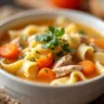 A bowl of homemade chicken noodle soup filled with shredded chicken, wide egg noodles, sliced carrots, and celery in a clear, golden broth, garnished with fresh parsley and served with a spoon on the side.