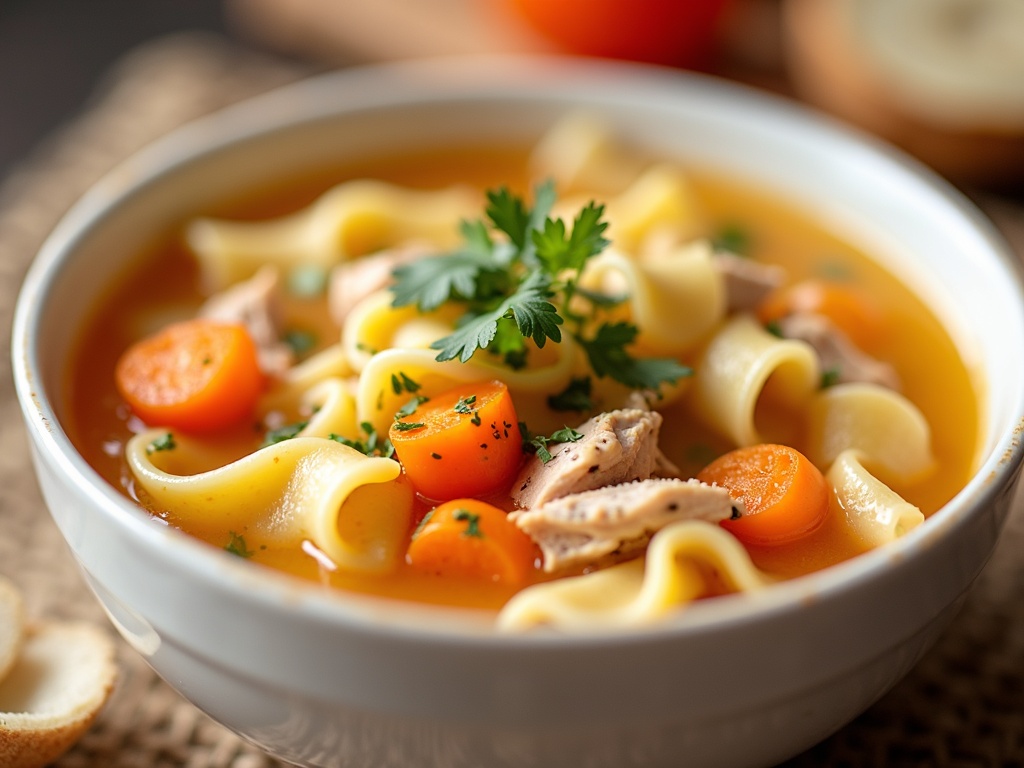 A bowl of homemade chicken noodle soup filled with shredded chicken, wide egg noodles, sliced carrots, and celery in a clear, golden broth, garnished with fresh parsley and served with a spoon on the side.