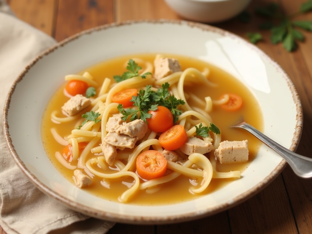 homemade chicken noodle soup served in a bowl