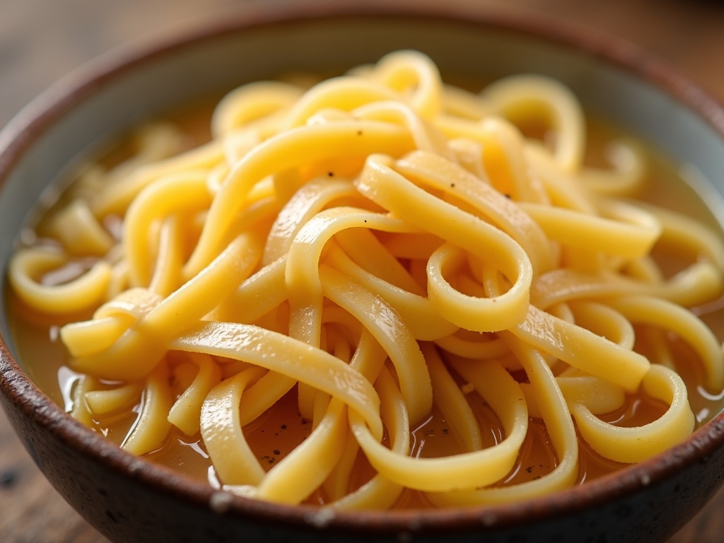 Freshly rolled and cut homemade noodles dusted with flour, resting on a wooden surface, ready to be cooked for chicken noodle soup.