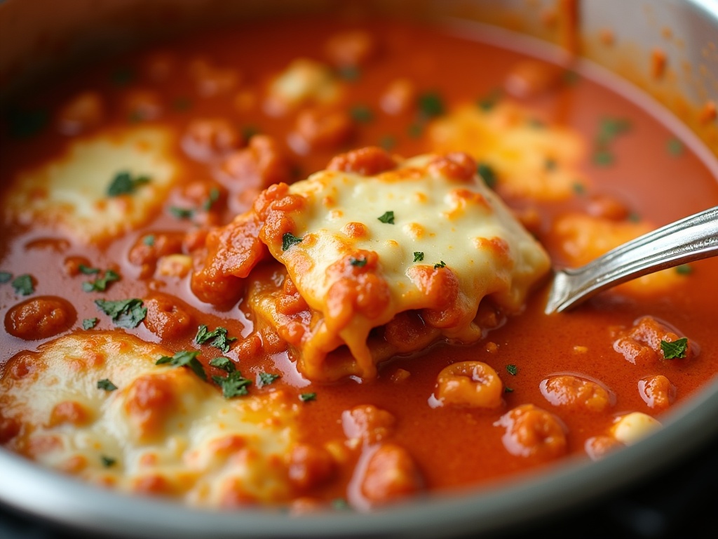 Instant Pot lasagna soup served in a white bowl, topped with melted cheese and fresh basil, with a spoon resting on the side and the Instant Pot in the background.