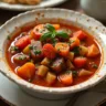 A bowl of Italian vegetable stew featuring chunks of zucchini, tomatoes, carrots, and bell peppers in a rich tomato-based broth, garnished with fresh basil and served with slices of crusty bread on the side.