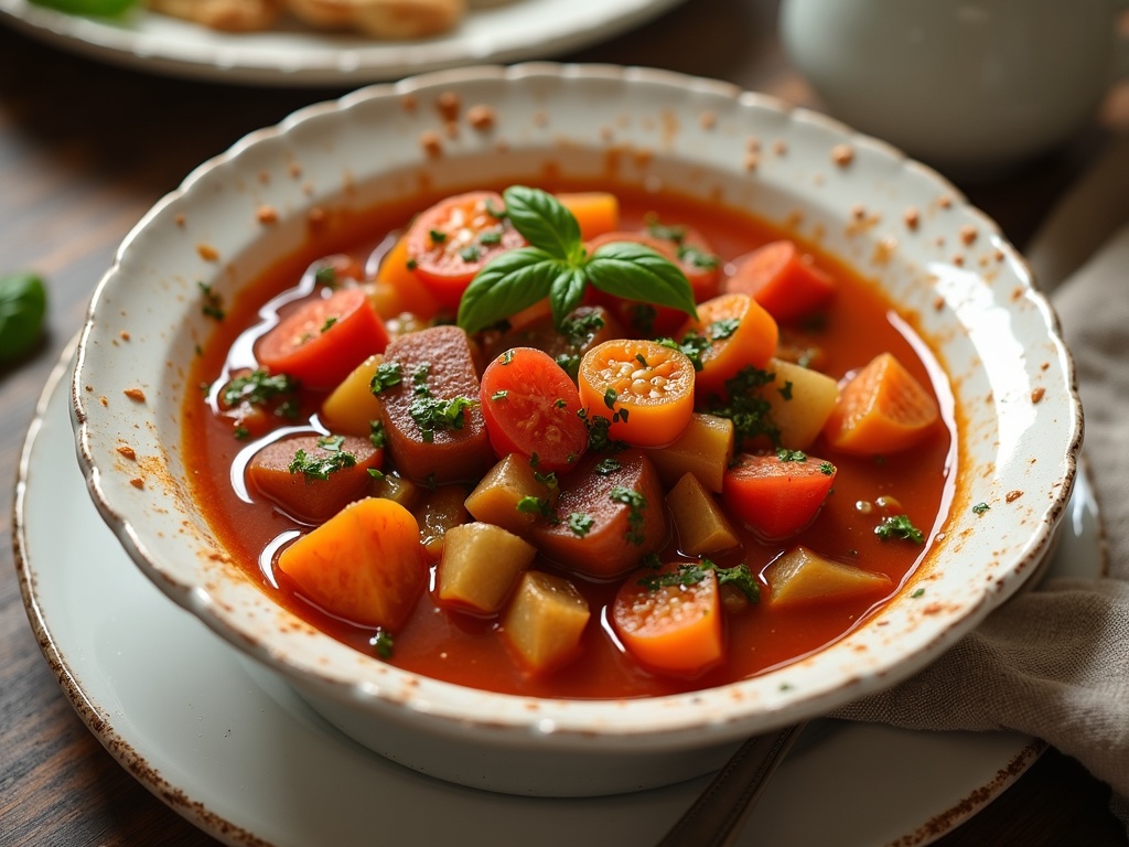 A bowl of Italian vegetable stew featuring chunks of zucchini, tomatoes, carrots, and bell peppers in a rich tomato-based broth, garnished with fresh basil and served with slices of crusty bread on the side.