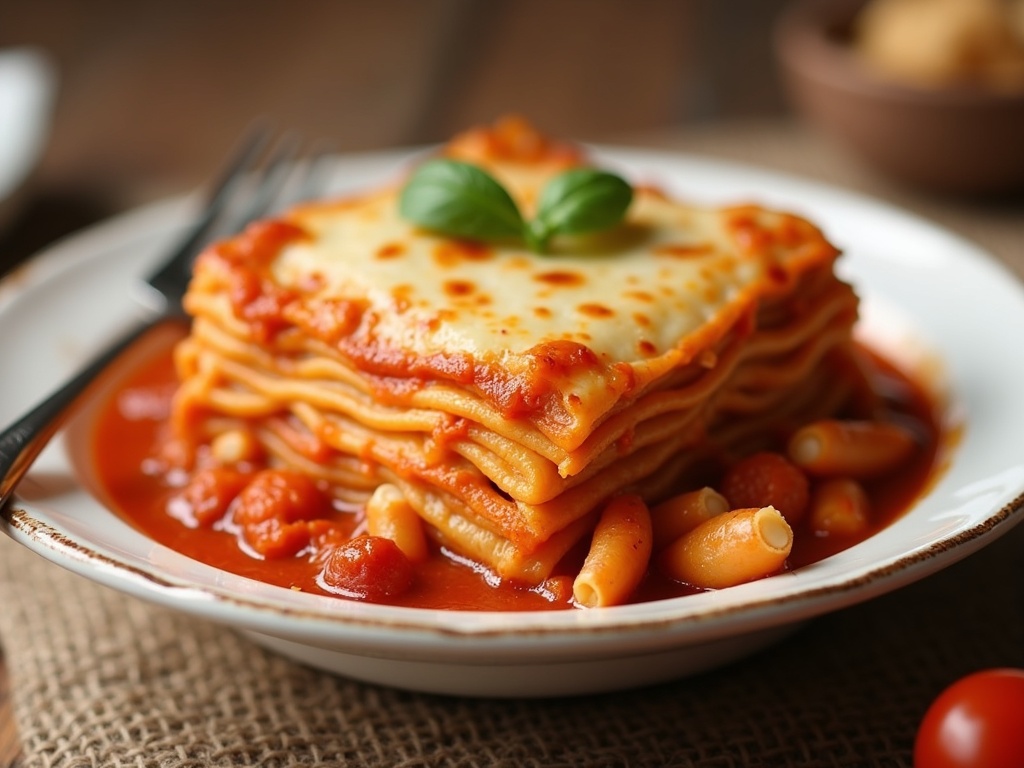 A bowl of hearty lasagna soup filled with chunks of pasta, ground meat, and tomato sauce, topped with melted cheese and garnished with fresh basil leaves.