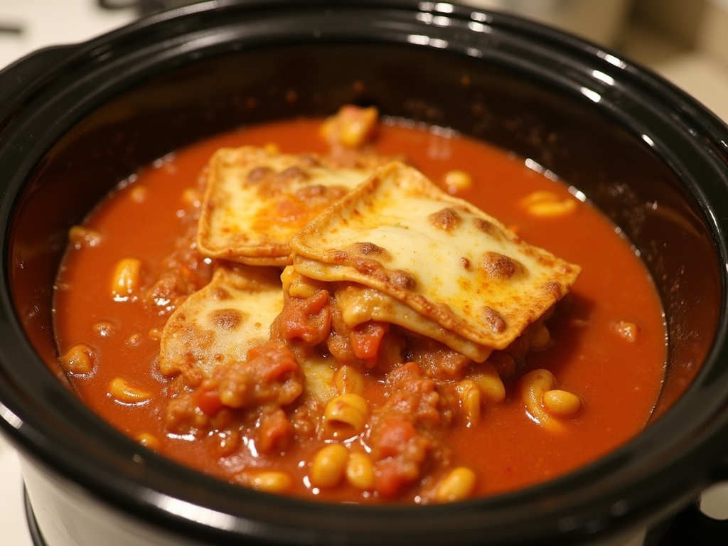 Crock pot filled with hearty lasagna soup, featuring rich tomato broth, ground meat, pasta, and melted cheese, garnished with fresh basil and ready to serve.