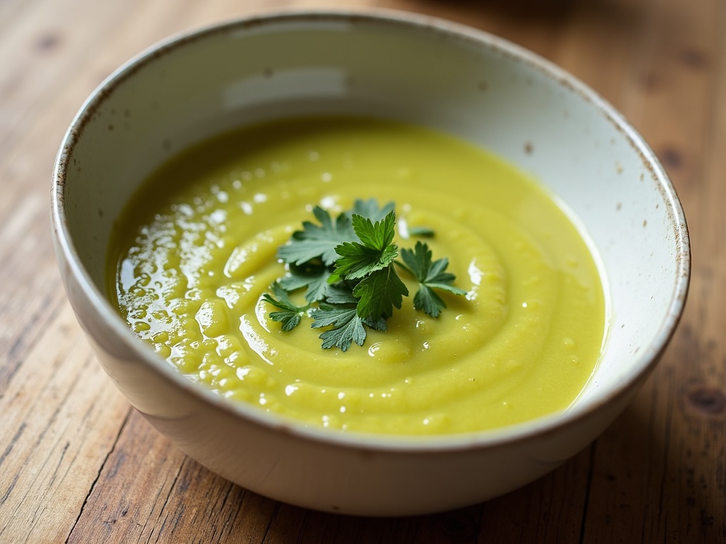 Bowl of leek soup on a wooden table, garnished with fresh herbs, surrounded by whole leeks, carrots, and celery, promoting a healthy, low-calorie option for weight loss
