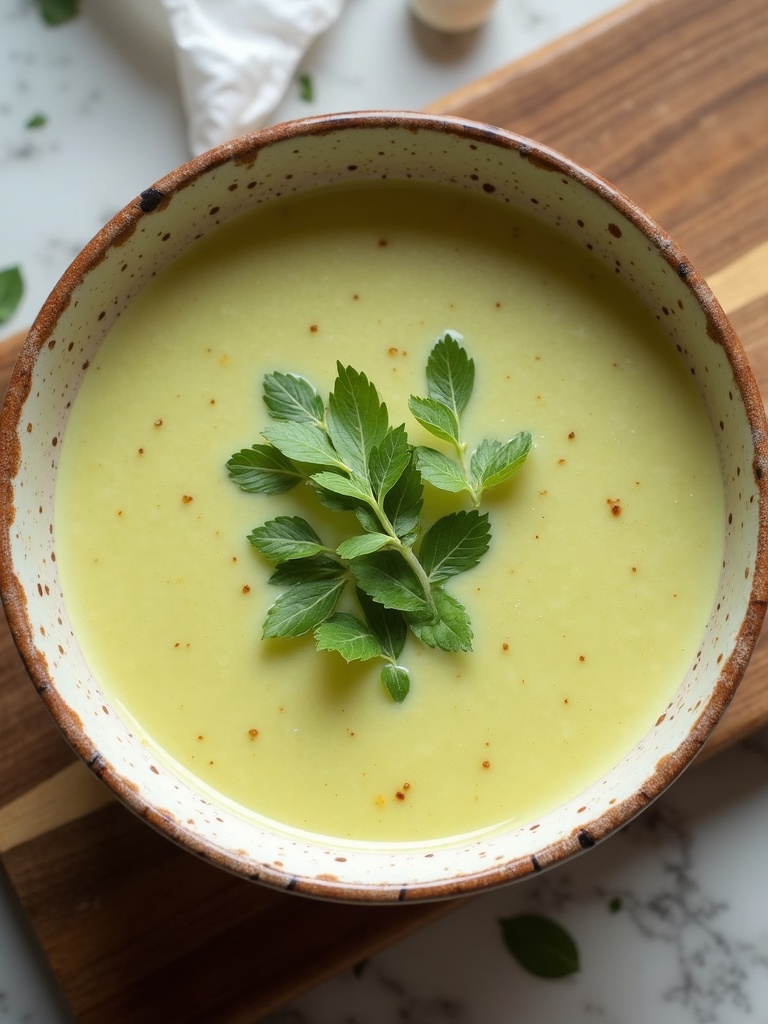 Fresh leeks sliced on a cutting board, surrounded by ingredients for weight loss soup including chopped celery, carrots, garlic cloves, a bowl of diced onions, parsley, lemon, and a pot of vegetable broth in the background
