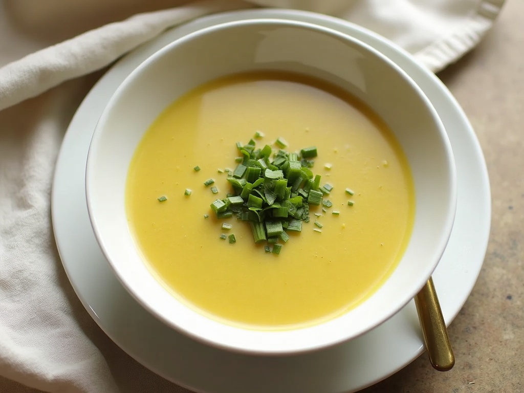 A bowl of creamy leek soup garnished with fresh herbs, placed on a wooden table alongside raw leeks and a spoon, representing a healthy and light final recipe ideal for weight loss.
