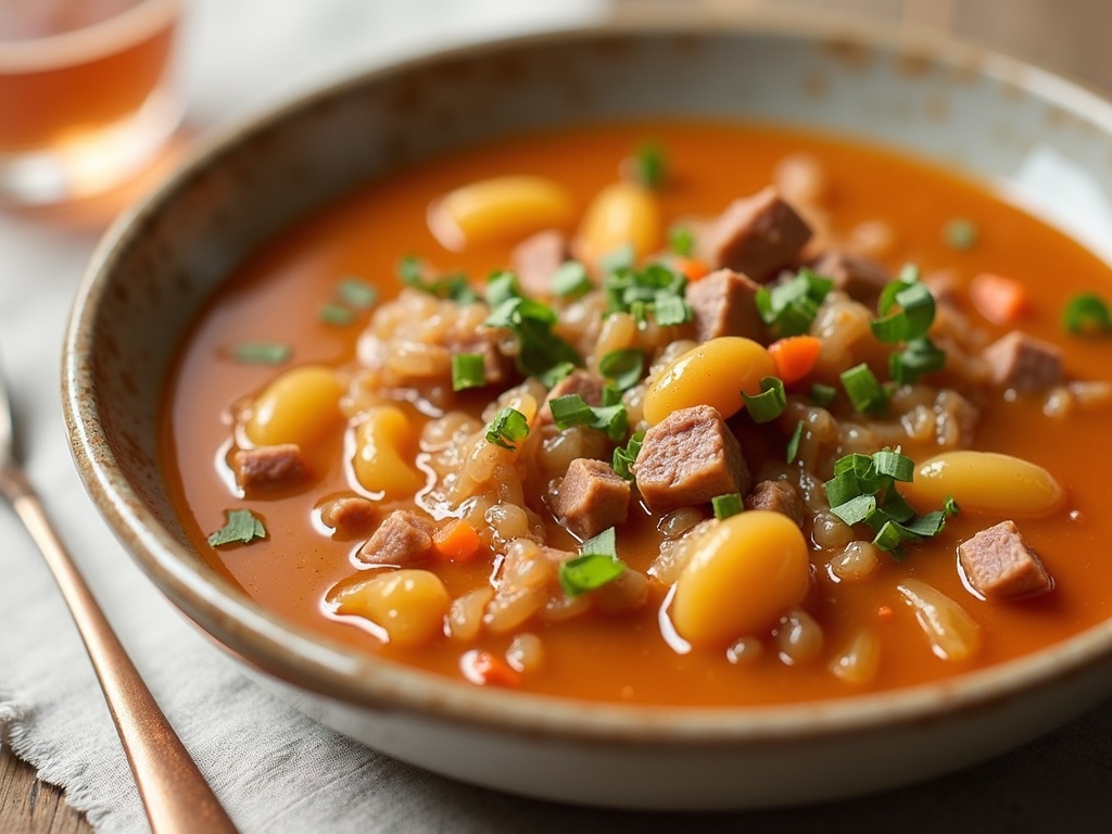 A bowl of hearty beef and onion soup made with Lipton Beefy Onion Soup Mix, featuring tender beef chunks, diced onions, and a rich brown broth, garnished with fresh parsley and served with slices of crusty bread on the side.