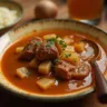 A hearty pot roast cooked with Lipton onion soup mix, featuring tender slices of beef surrounded by roasted carrots, potatoes, and onions, all simmered in a rich, savory broth and garnished with fresh herbs.