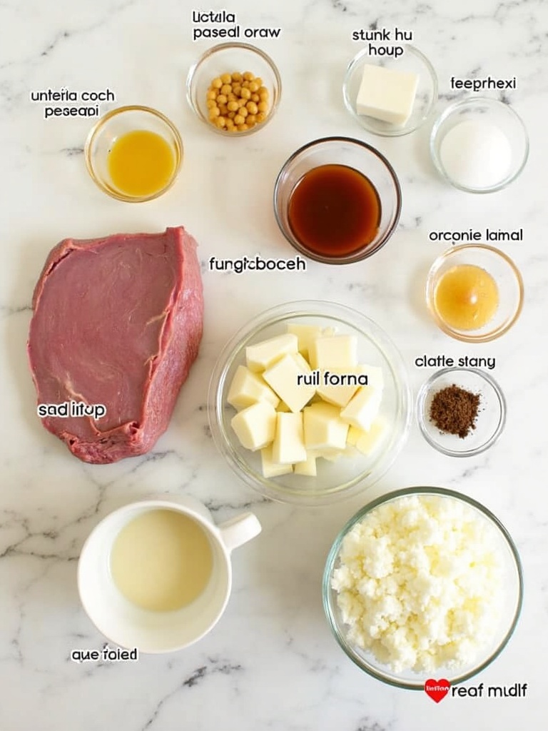 Ingredients for Lipton Onion Soup Pot Roast displayed on a countertop, including a packet of Lipton Recipe Secrets Onion Soup Mix, a raw chuck roast, whole peeled carrots, halved potatoes, chopped onions, and a measuring cup filled with beef broth.