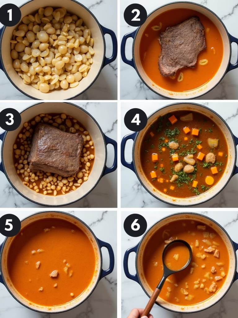 Image showing step-by-step instructions for making a Lipton Onion Soup Pot Roast. Step 1: Brown a beef chuck roast in a skillet. Step 2: Place the roast in a slow cooker. Step 3: Add sliced carrots and potatoes around the roast. Step 4: In a bowl, mix one packet of Lipton Onion Soup Mix with water and pour over the roast. Step 5: Cover and cook on low for 8 hours. The final image displays the finished pot roast, tender and surrounded by cooked vegetables.