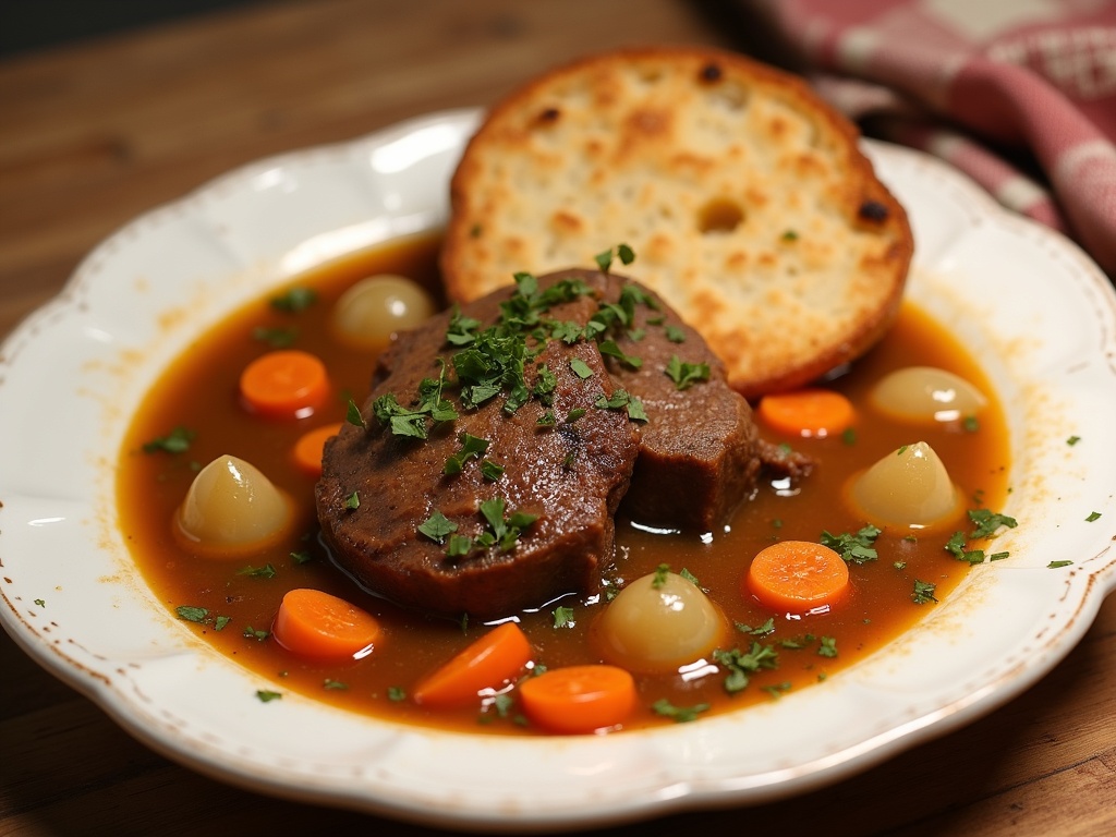 A serving of tender pot roast made with Lipton onion soup mix, surrounded by cooked carrots and potatoes, all coated in a rich brown gravy and garnished with fresh herbs on a white plate.