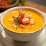 A bowl of creamy lobster bisque soup garnished with fresh herbs, served with slices of crusty bread on the side, set on a rustic wooden table.