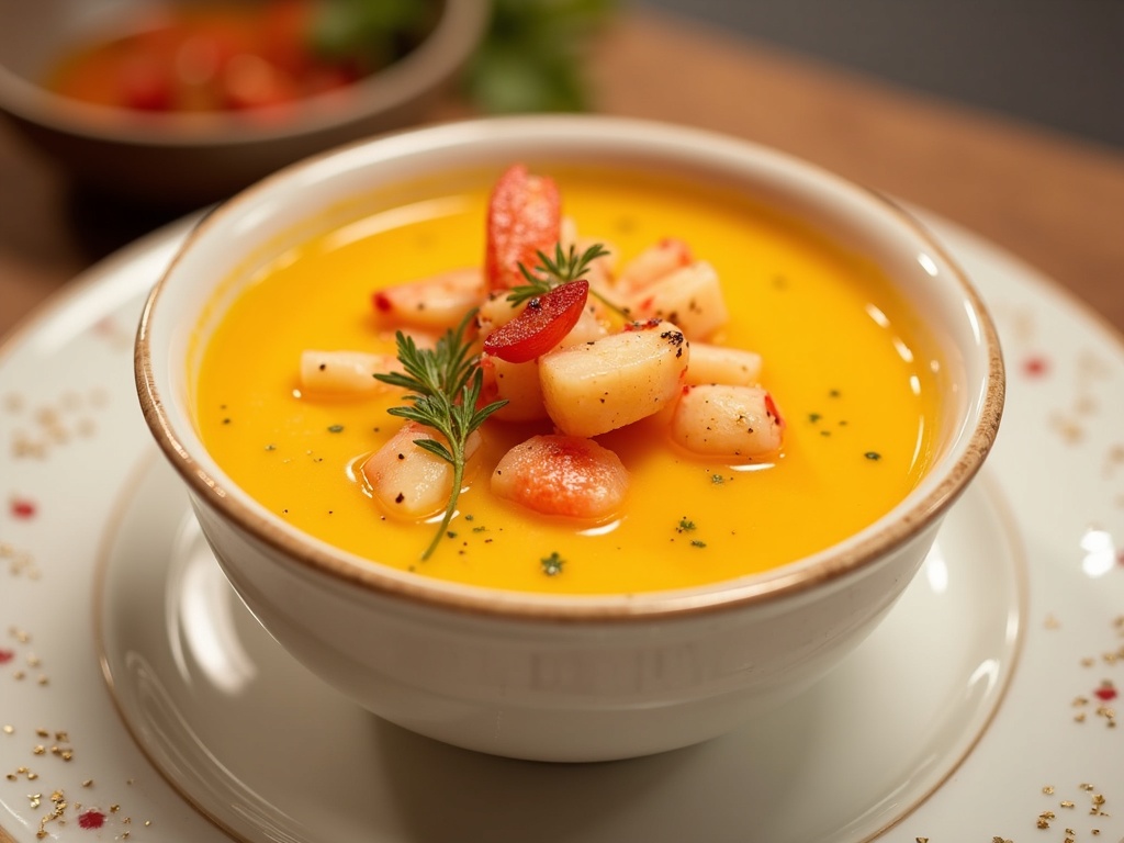 A bowl of creamy lobster bisque soup garnished with fresh herbs, served with slices of crusty bread on the side, set on a rustic wooden table.