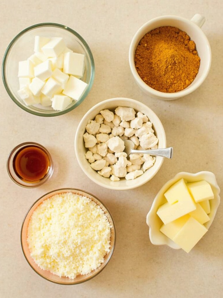 A variety of ingredients for lobster bisque soup arranged on a kitchen counter, including lobster tails, chopped onions, celery, carrots, garlic, tomato paste, heavy cream, butter, white wine, seafood stock, bay leaves, thyme, and parsley, with measuring spoons and a stockpot nearby.