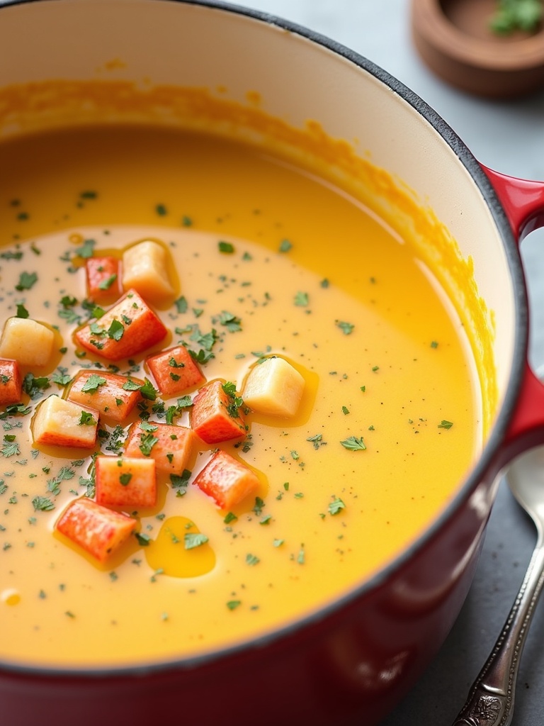 Illustration showing step-by-step instructions for making lobster bisque soup: a pot with chopped vegetables being sautéed, adding lobster shells and tomato paste, pouring in broth and simmering, straining the mixture, adding cream and seasoning, and serving the creamy bisque in a bowl garnished with lobster meat and herbs.