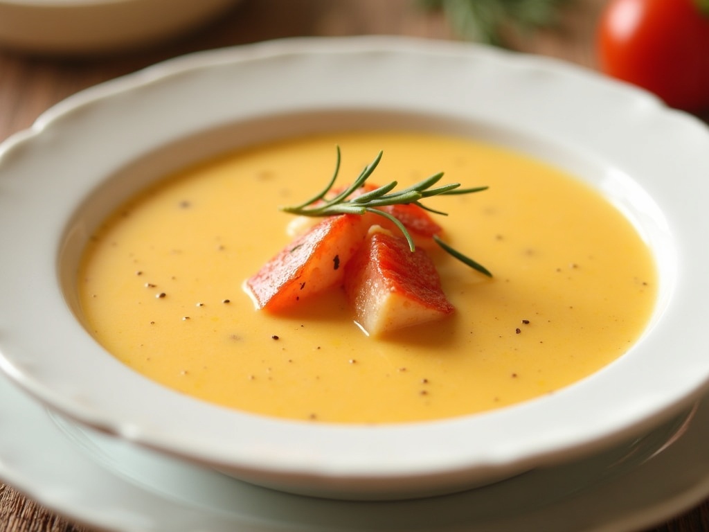 Bowl of creamy lobster bisque soup garnished with chunks of lobster meat and a sprinkle of fresh herbs, served with a side of crusty bread on a wooden table