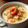 A bowl of creamy lobster chowder filled with chunks of lobster meat, diced potatoes, and herbs, garnished with chopped parsley and served with a slice of crusty bread on the side.