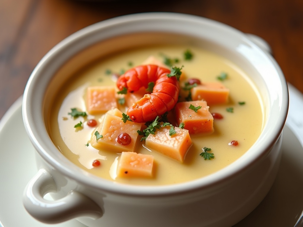 A bowl of creamy lobster chowder filled with chunks of lobster meat, diced potatoes, and herbs, garnished with chopped parsley and served with a slice of crusty bread on the side.