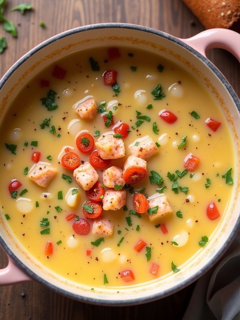Instructional image showing step-by-step process of making lobster chowder: Step 1 – diced vegetables including onion, celery, and carrots in a pot being sautéed in butter; Step 2 – adding flour to make a roux; Step 3 – pouring in seafood stock and stirring; Step 4 – adding chunks of lobster meat and potatoes; Step 5 – simmering mixture until tender; Step 6 – stirring in cream for a rich texture; Step 7 – garnishing with parsley and serving in a bowl.