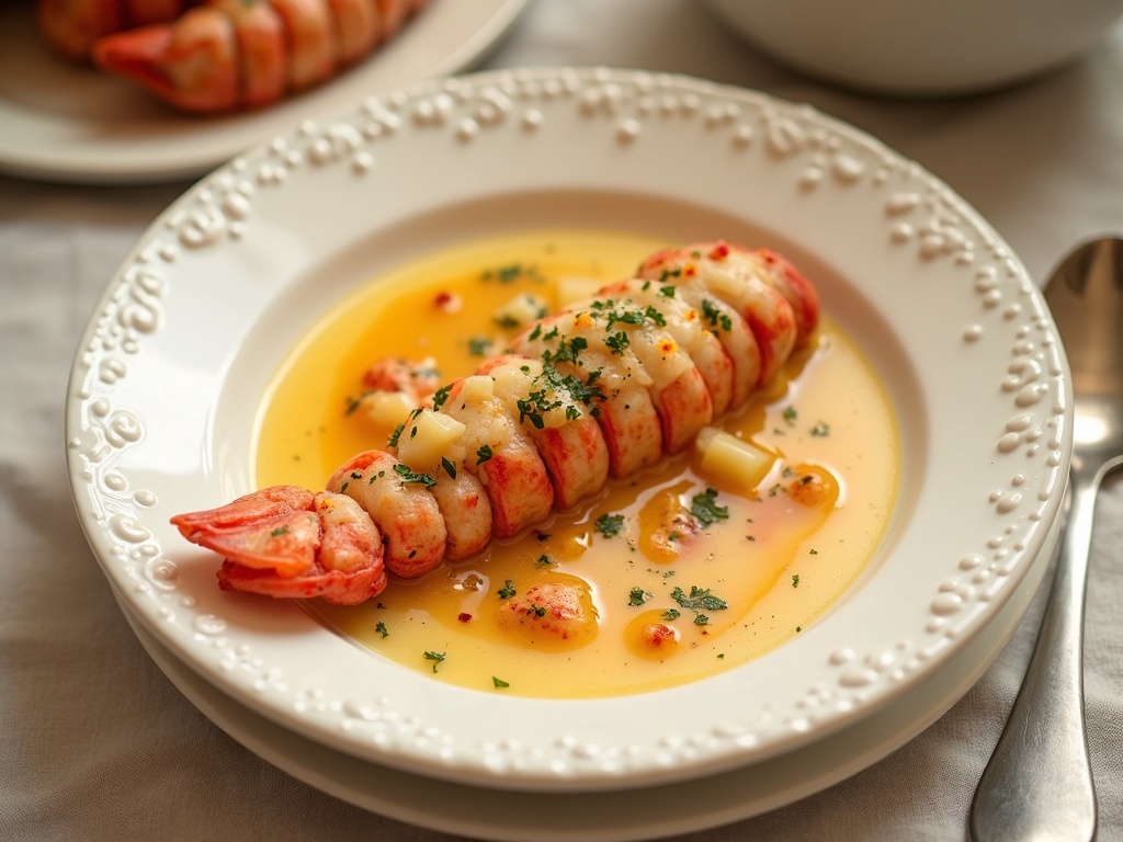 A bowl of creamy lobster chowder garnished with fresh herbs, chunks of tender lobster meat, diced potatoes, and pieces of celery, served with a slice of crusty bread on the side.