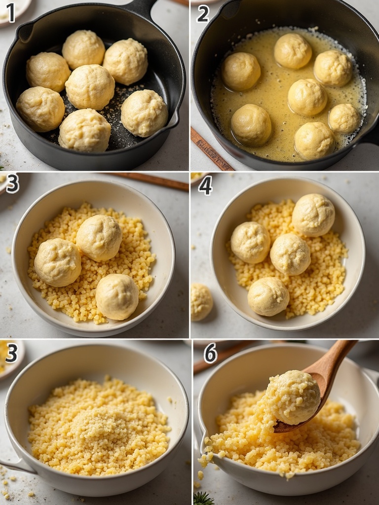 Step-by-step instructions for making matzo balls: Step 1 - Mix matzo meal, eggs, oil, water, and seasoning in a bowl. Step 2 - Cover and chill the mixture for 30 minutes. Step 3 - Shape chilled mixture into small balls with hands. Step 4 - Drop matzo balls into simmering water or broth. Step 5 - Cover and cook for about 30 minutes until matzo balls are fully cooked and fluffy.