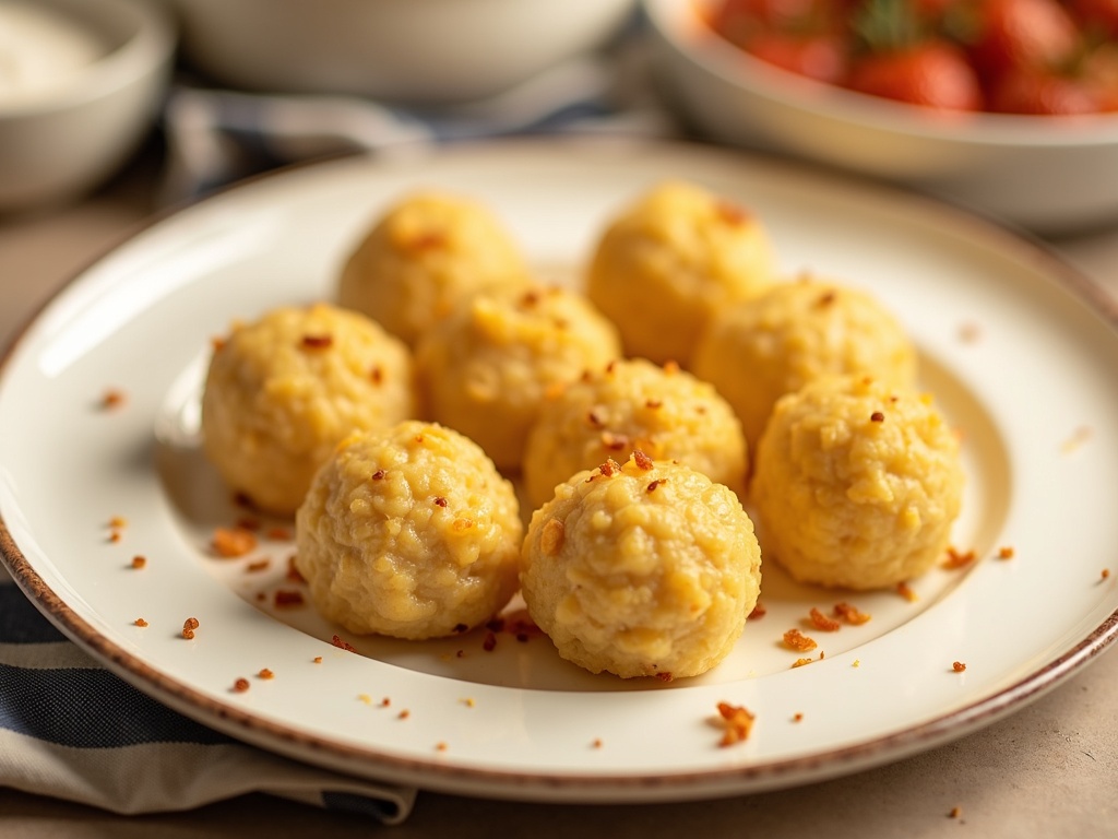 A bowl filled with golden chicken broth and fluffy, round matzo balls garnished with fresh green herbs, served on a rustic wooden table with a spoon beside it.