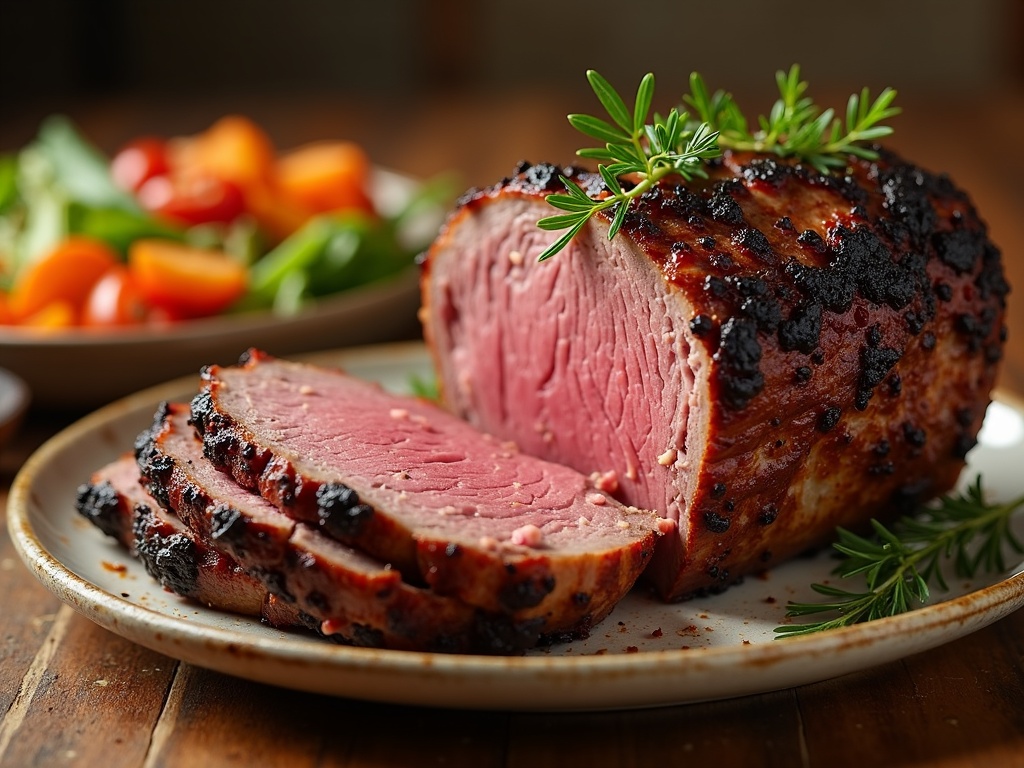 A juicy, perfectly cooked prime rib roast sliced to reveal a pink center, seasoned with herbs and garlic, served on a cutting board with sprigs of rosemary and slices of roasted vegetables nearby.