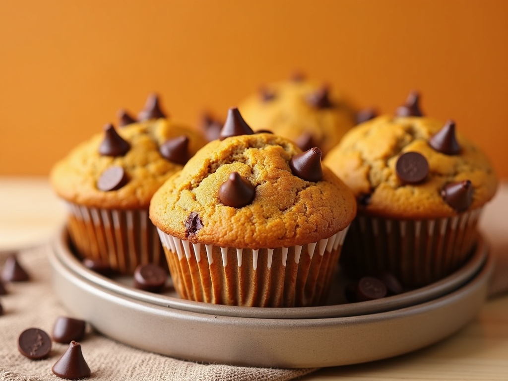 A batch of freshly baked pumpkin chocolate chip muffins resting on a cooling rack, with golden-brown tops and visible melted chocolate chips. Some muffins are split open to reveal a moist, fluffy interior. A few whole pumpkins and scattered chocolate chips decorate the background on a rustic wooden surface.